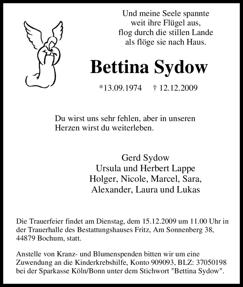  Traueranzeige für Bettina Sydow vom 12.12.2009 aus Tageszeitung