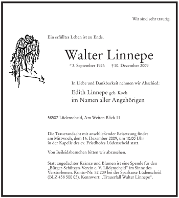 Traueranzeige von Walter Linnepe von Tageszeitung