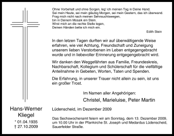 Traueranzeige von Hans-Werner Kliegel von Tageszeitung