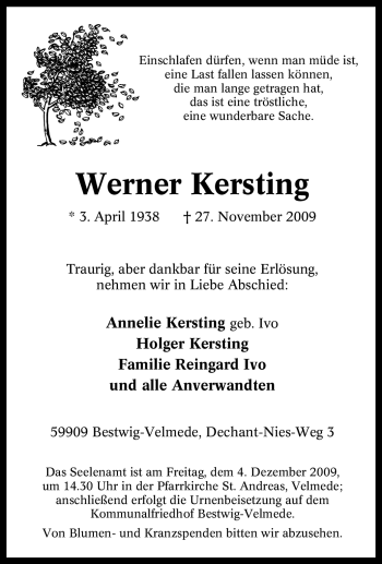 Traueranzeige von Werner Kersting von Tageszeitung