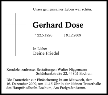 Traueranzeige von Gerhard Dose von Tageszeitung