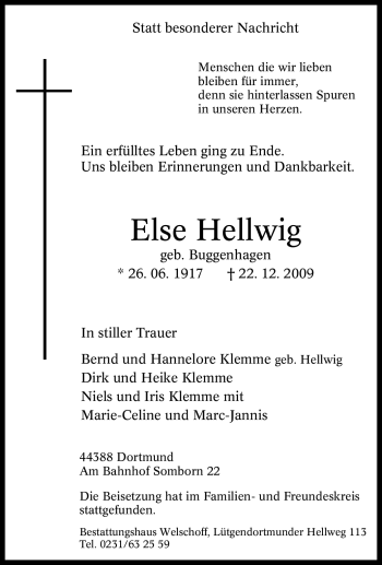Traueranzeige von Else Hellwig von Tageszeitung
