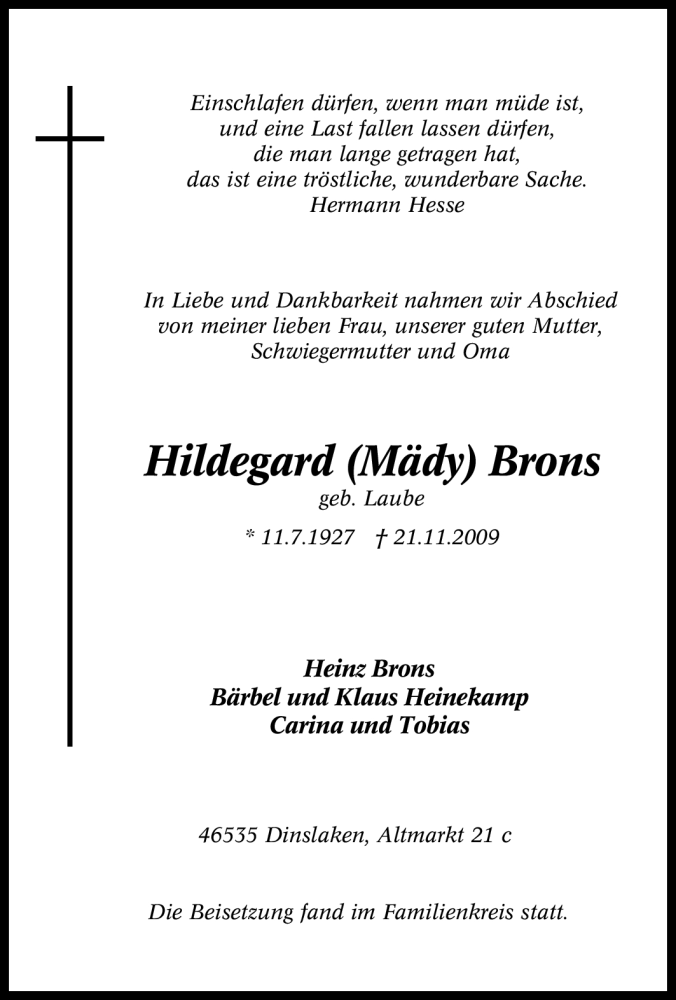  Traueranzeige für Hildegard Brons vom 05.12.2009 aus Tageszeitung