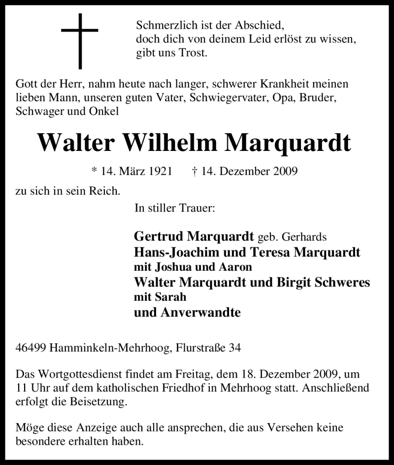  Traueranzeige für Walter Wilhelm Marquardt vom 16.12.2009 aus Tageszeitung