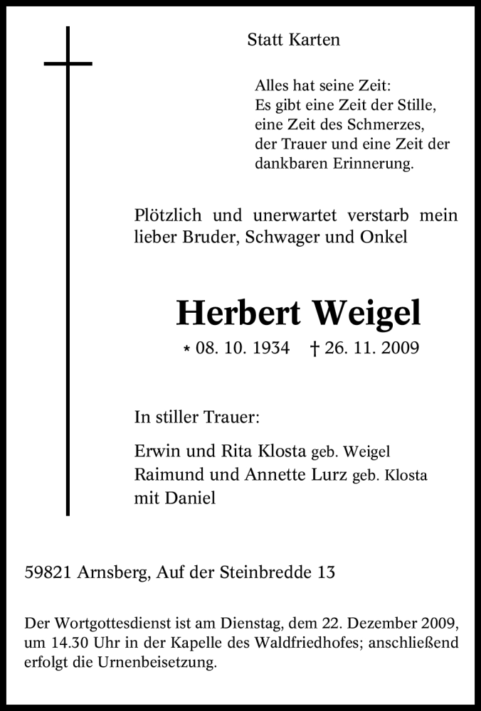 Traueranzeigen von Herbert Weigel | Trauer-in-NRW.de