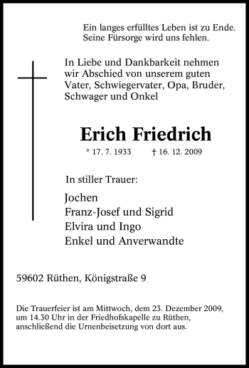 Traueranzeige von Erich Friedrich von Tageszeitung
