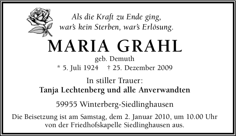  Traueranzeige für Maria Grahl vom 28.12.2009 aus Tageszeitung