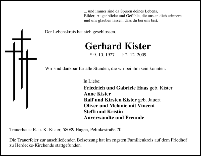  Traueranzeige für Gerhard Kister vom 09.12.2009 aus Tageszeitung