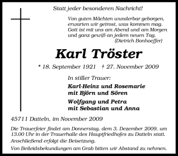 Traueranzeige von Karl Tröster von Tageszeitung