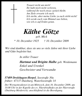 Traueranzeige von Käthe Götze von Tageszeitung