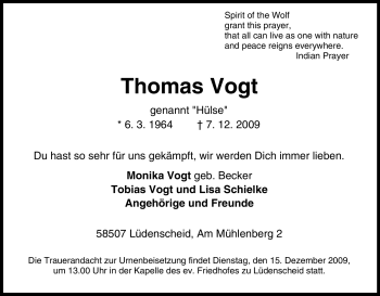 Traueranzeige von Thomas Vogt von Tageszeitung