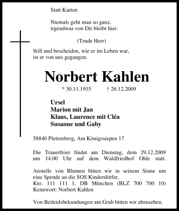 Traueranzeige von Norbert Kahlen von Tageszeitung