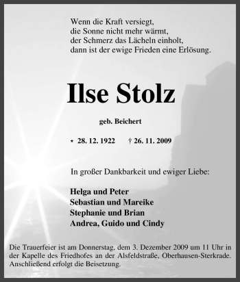 Traueranzeige von Ilse Stolz von Tageszeitung