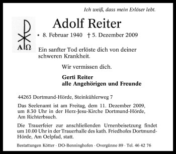 Traueranzeige von Adolf Reiter von Tageszeitung
