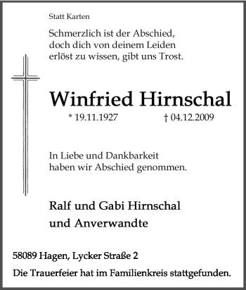 Traueranzeige von Winfried Hirnschal von Tageszeitung