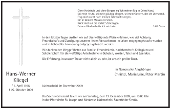 Traueranzeige von Hans-Werner Kliegel von Tageszeitung