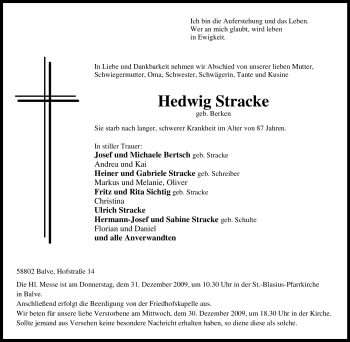 Traueranzeige von Hedwig Stracke von Tageszeitung