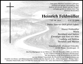 Traueranzeige von Heinrich Feldmüller von Tageszeitung