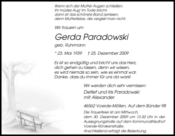 Traueranzeige von Gerda Paradowski von Tageszeitung