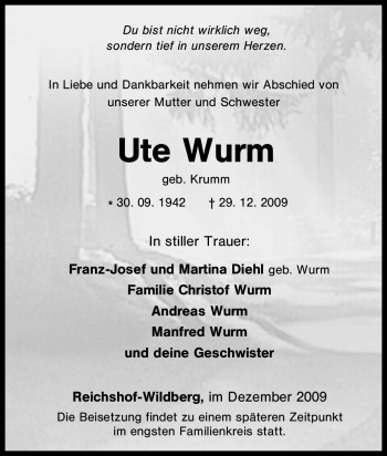 Traueranzeige von Ute Wurm von Tageszeitung