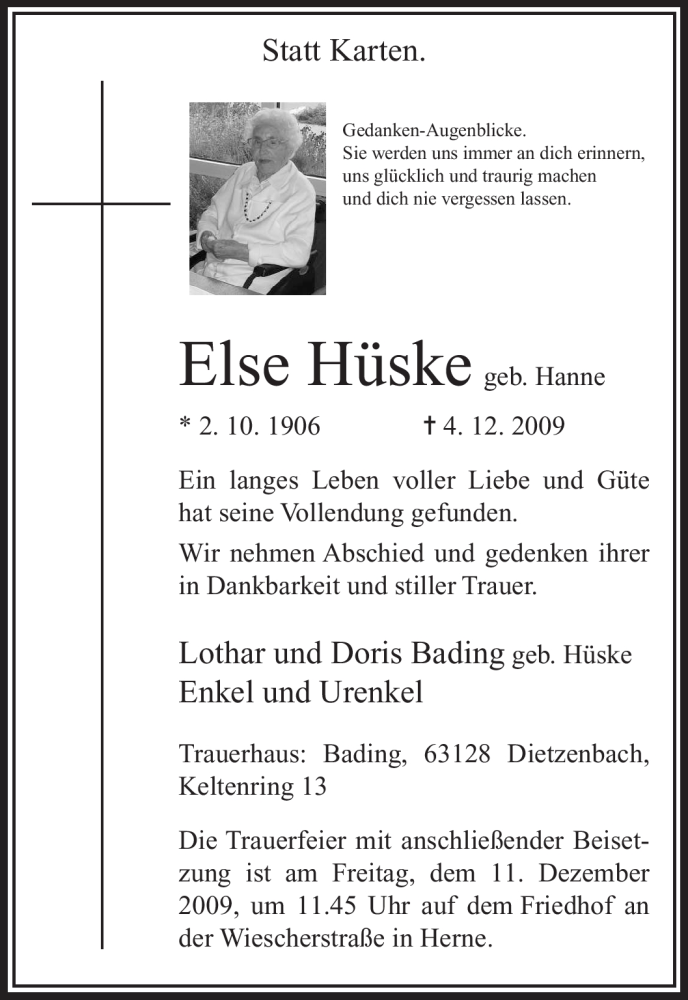  Traueranzeige für Else Hüske vom 08.12.2009 aus Tageszeitung