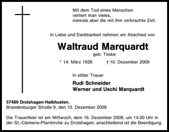 Traueranzeige von Waltraud Marquardt von Tageszeitung