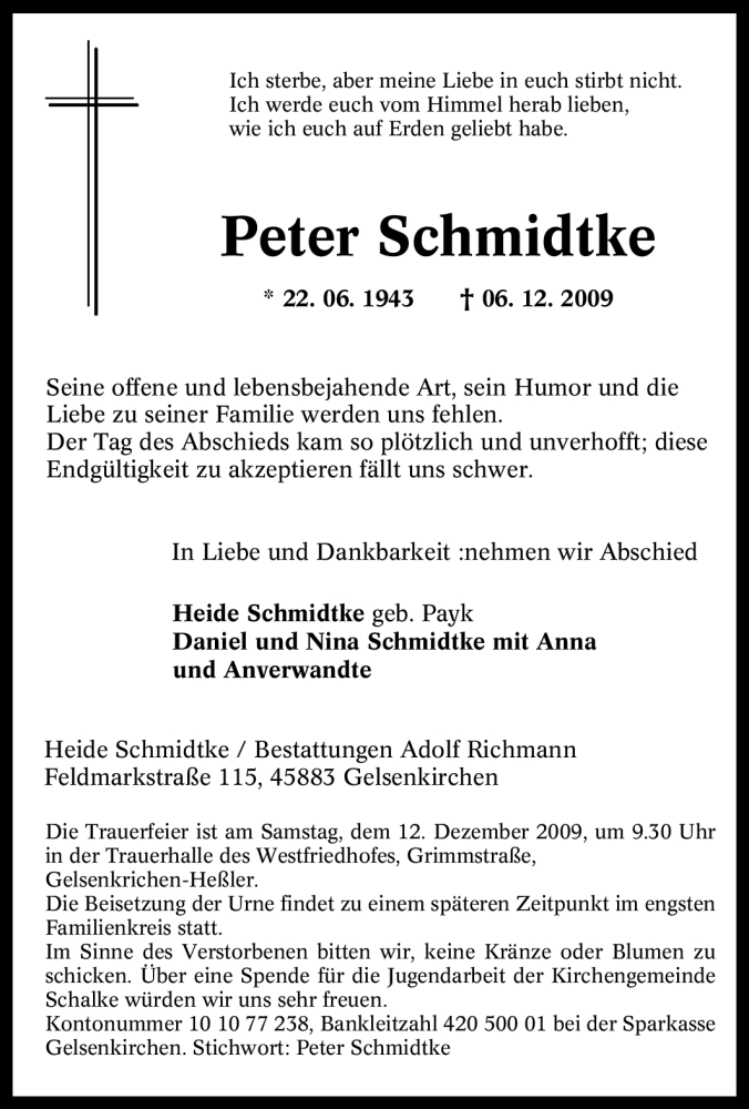  Traueranzeige für Peter Schmidtke vom 09.12.2009 aus Tageszeitung