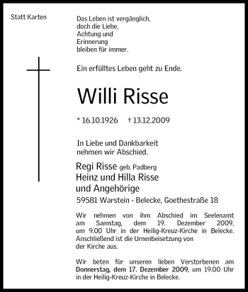 Traueranzeige von Willi Risse von Tageszeitung