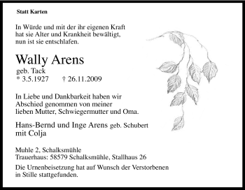 Traueranzeige von Wally Arens von Tageszeitung