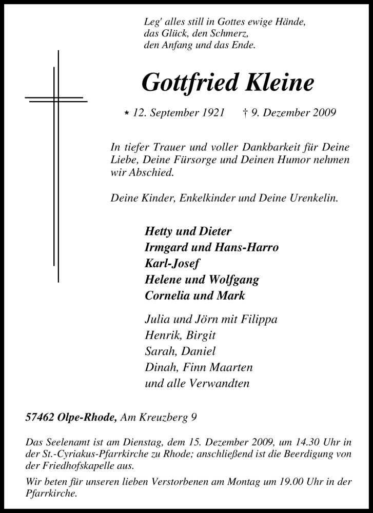  Traueranzeige für Gottfried Kleine vom 11.12.2009 aus Tageszeitung