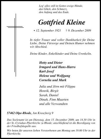 Traueranzeige von Gottfried Kleine von Tageszeitung