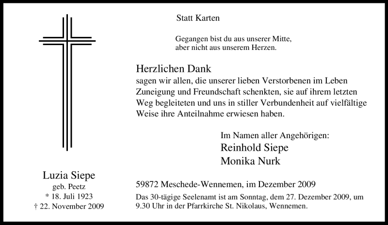  Traueranzeige für Luzia Siepe vom 21.12.2009 aus Tageszeitung