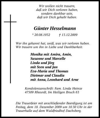 Traueranzeige von Günter Hesselmann von Tageszeitung