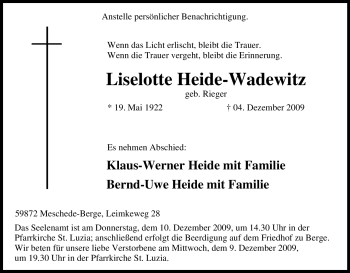Traueranzeige von Liselotte Heide-Wadewitz von Tageszeitung