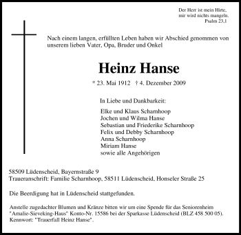 Traueranzeige von Heinz Hanse von Tageszeitung