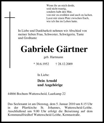 Traueranzeigen von Gabriele Gärtner TrauerinNRW.de