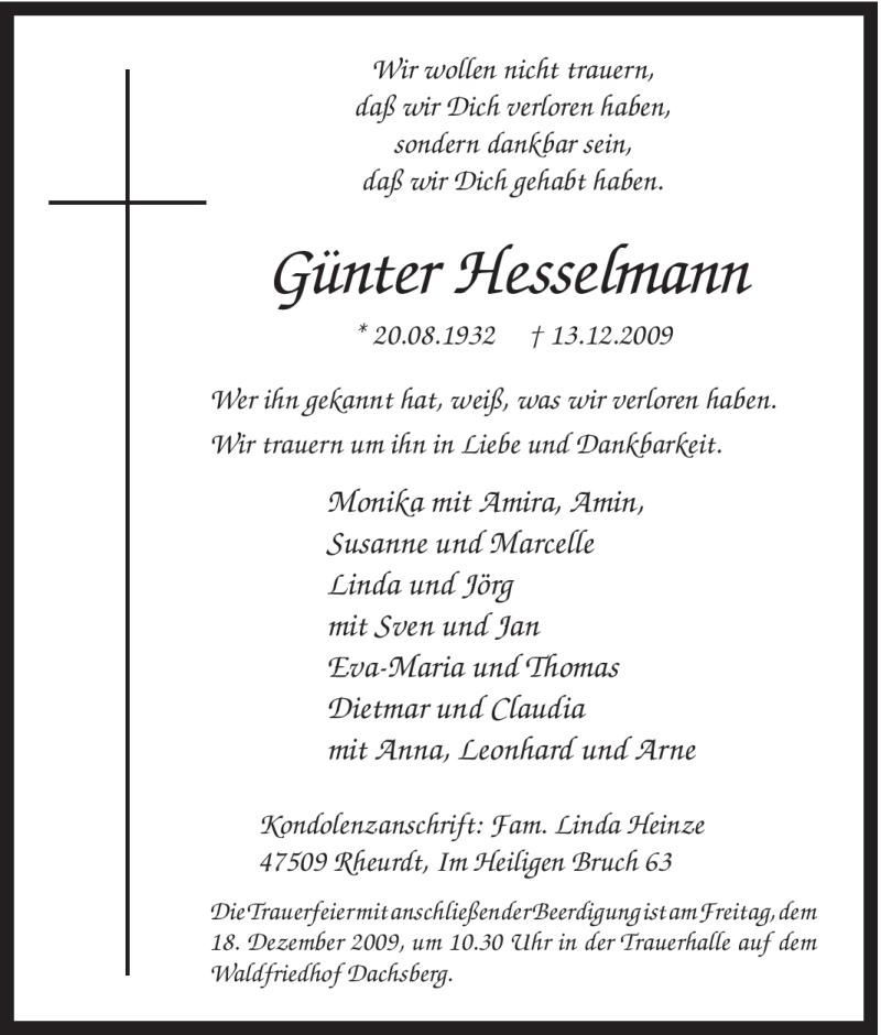  Traueranzeige für Günter Hesselmann vom 16.12.2009 aus Tageszeitung