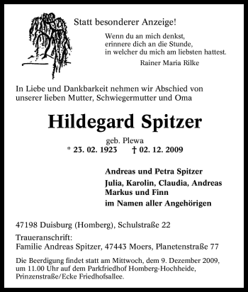 Traueranzeige von Hildegard Spitzer von Tageszeitung