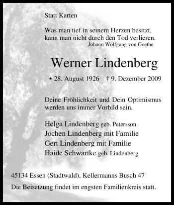 Traueranzeige von Werner Lindenberg von Tageszeitung