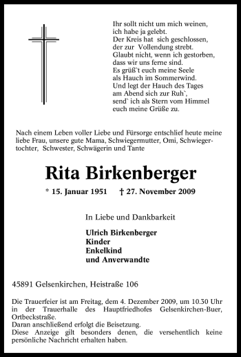 Traueranzeige von Rita Birkenberger von Tageszeitung