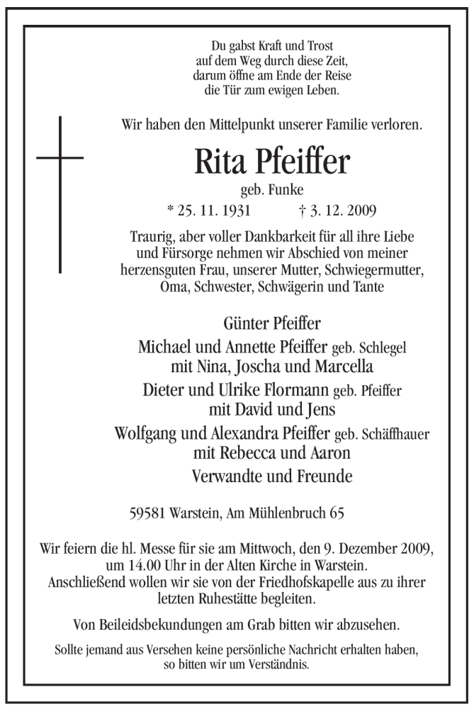  Traueranzeige für Rita Pfeiffer vom 04.12.2009 aus Tageszeitung
