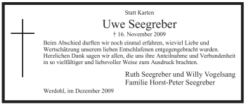 Traueranzeige von Uwe Seegreber von Tageszeitung