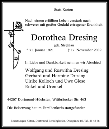 Traueranzeige von Dorothea Dresing von Tageszeitung