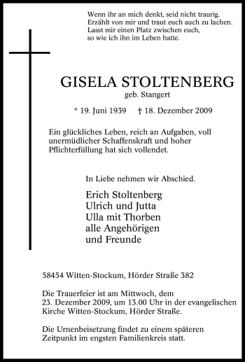 Traueranzeige von Gisela Stoltenberg von Tageszeitung