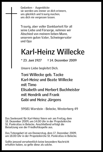 Traueranzeige von Karl-Heinz Willecke von Tageszeitung