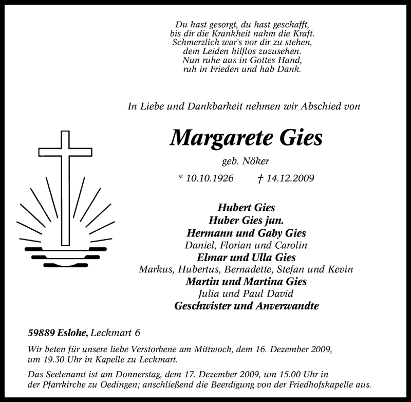  Traueranzeige für Margarete Gies vom 15.12.2009 aus Tageszeitung