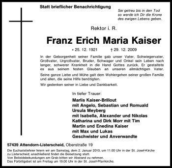 Traueranzeige von Franz Erich Maria Kaiser von Tageszeitung