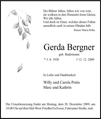Traueranzeige von Gerda Bergner von Tageszeitung