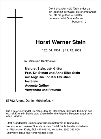 Traueranzeige von Horst Werner Stein von Tageszeitung