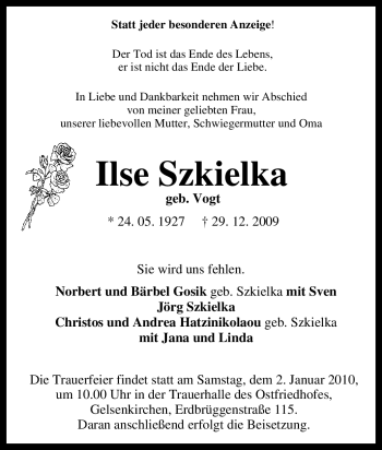 Traueranzeige von Ilse Szkielka von Tageszeitung